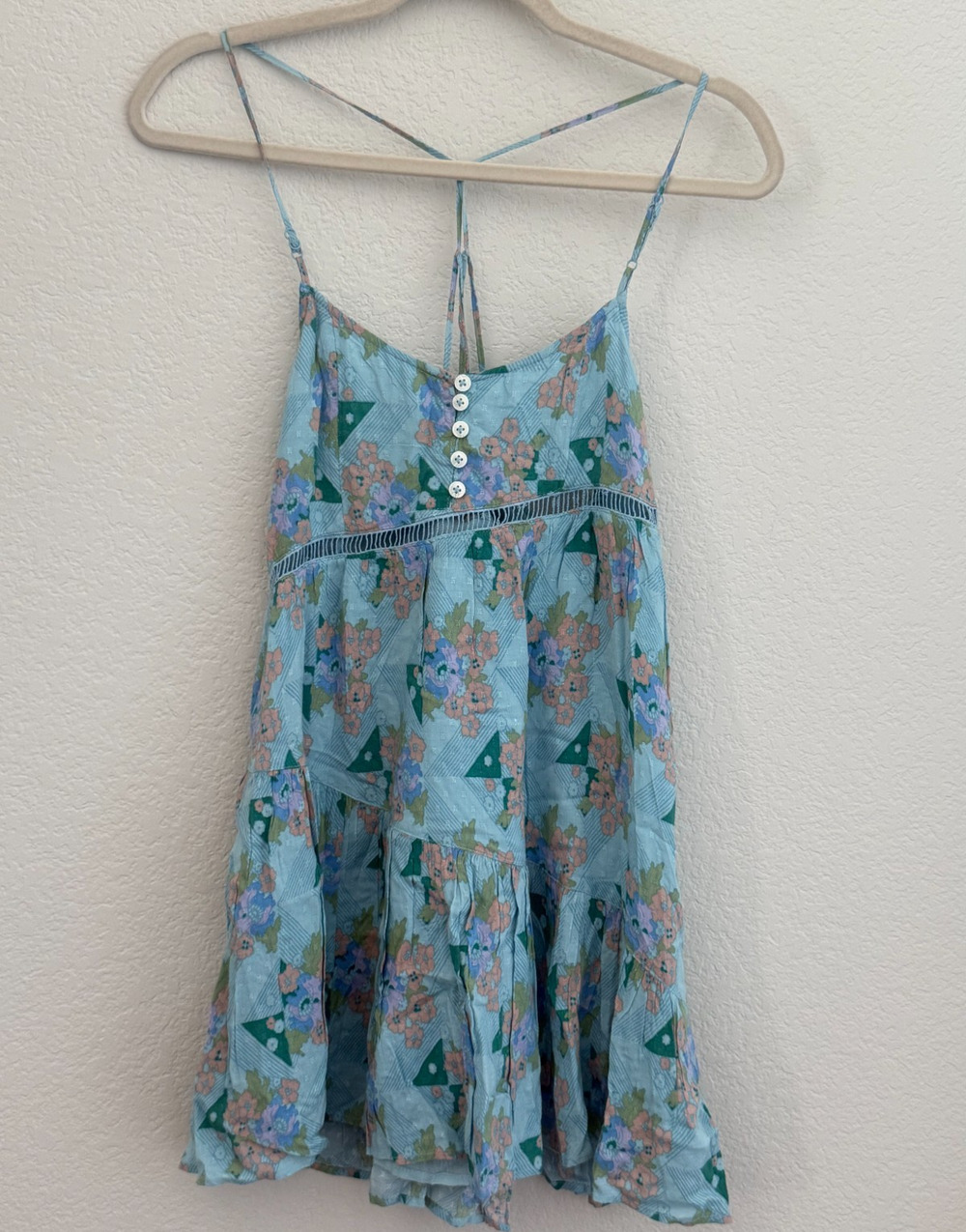 Urban Outfitters Georgia Tiered Mini Boho Floral Dress Blue Motif SMALL NWT